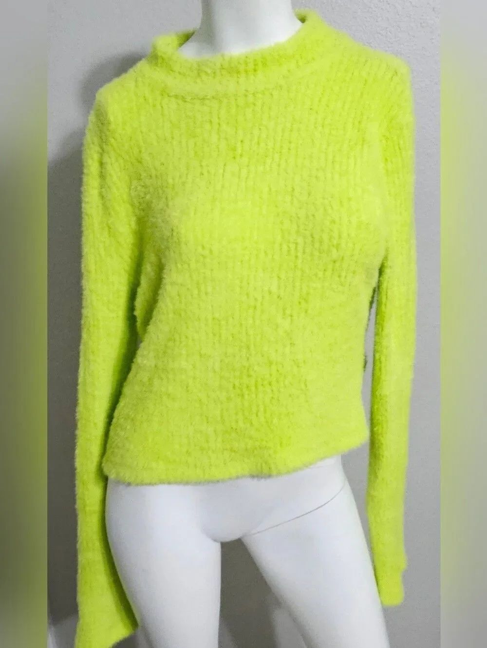 by Anthropologie Mock Neck Fuzzy Ribbed Sweater Size XL Neon Lime Green